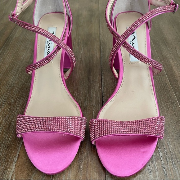 NINA Shoes Henesi Rhinestone Open Toe Hot Pink Heels Satin SZ 7.5 - Picture 5 of 13